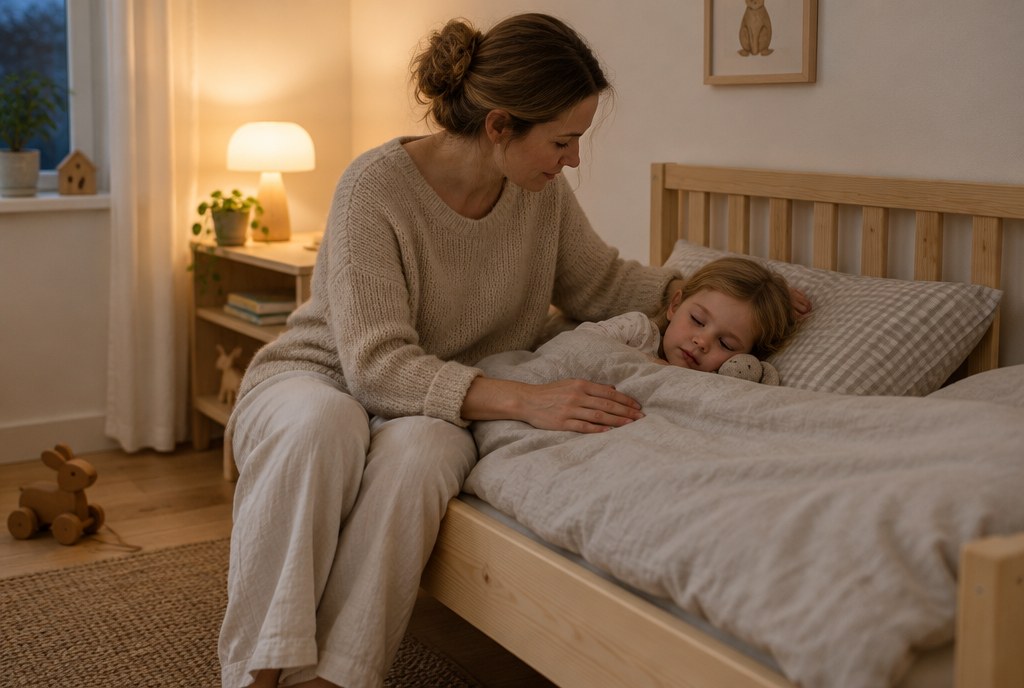 Una mamma rimbocca le coperte al figlio in un letto per bambini in legno di pino