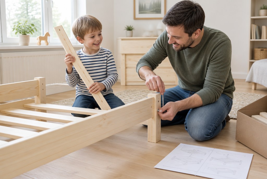 Padre e figlio montano insieme un letto per bambini in legno di pino