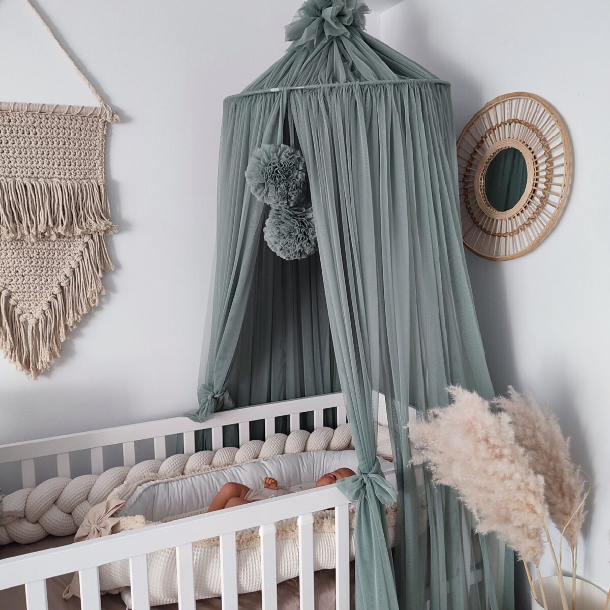 Tulle Canopy with Pompoms – Ceiling Mounted Tulle Canopy with Pompoms – Ceiling Mounted