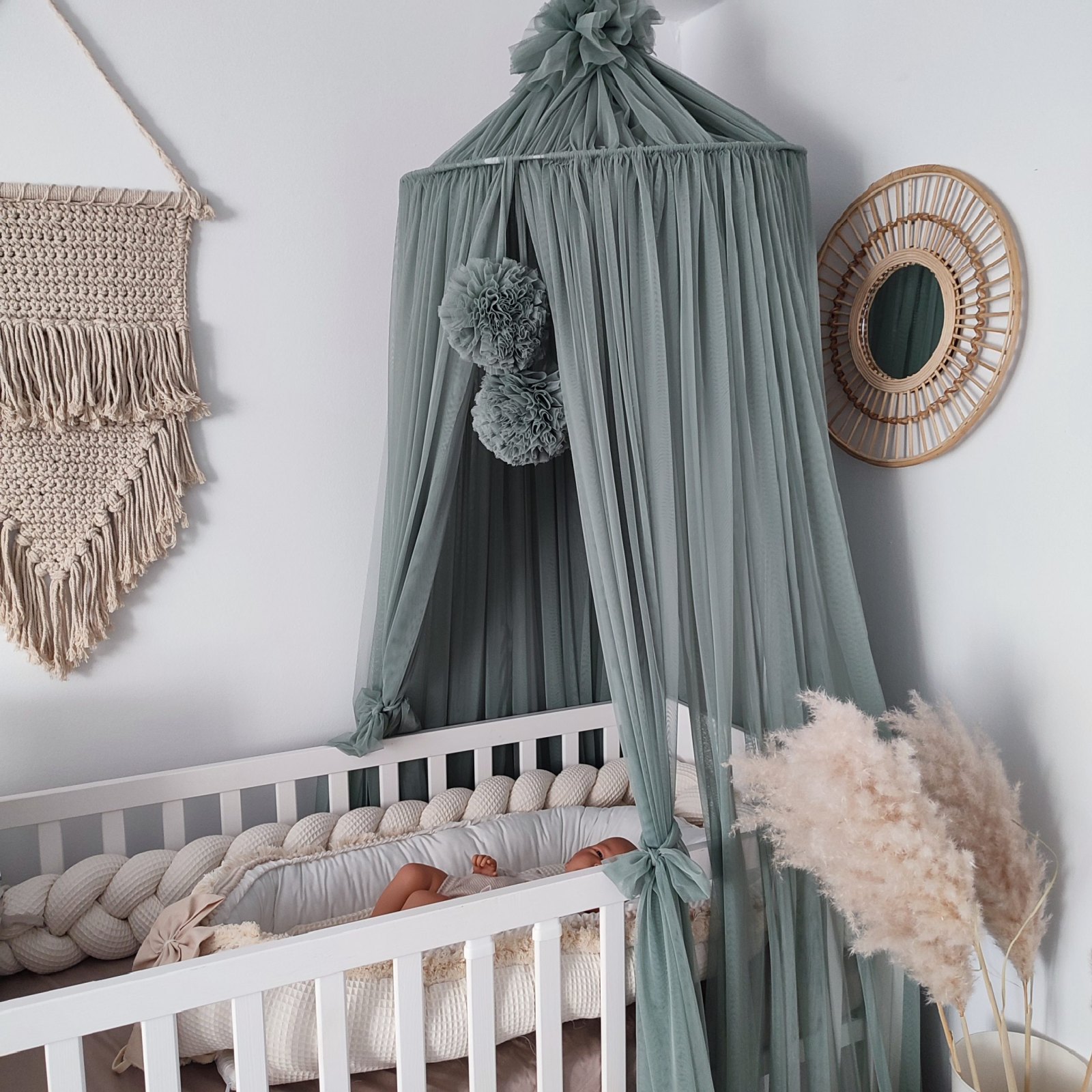 Tulle Canopy with Pompoms – Ceiling Mounted Tulle Canopy with Pompoms – Ceiling Mounted