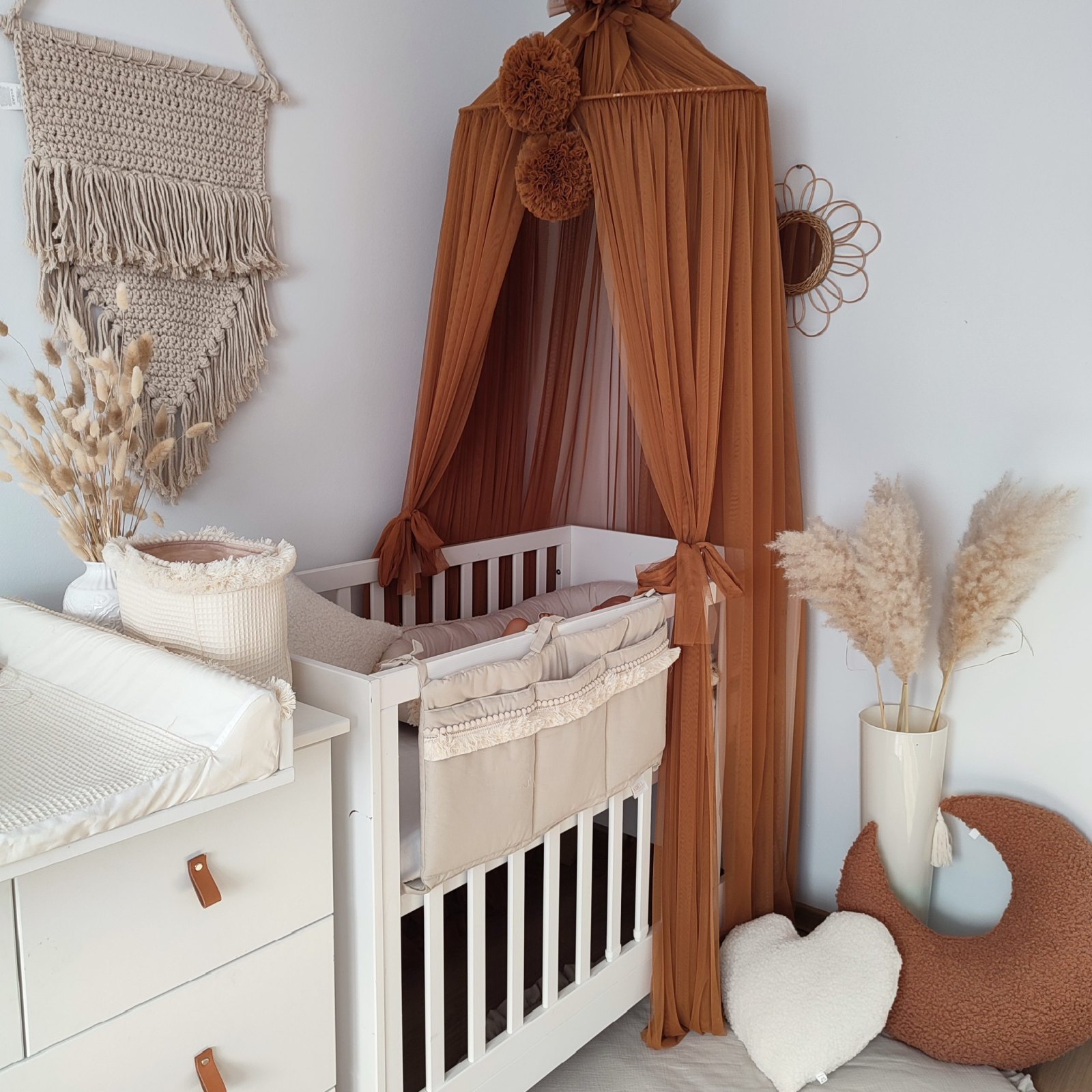 Tulle Canopy with Pompoms – Ceiling Mounted Tulle Canopy with Pompoms – Ceiling Mounted