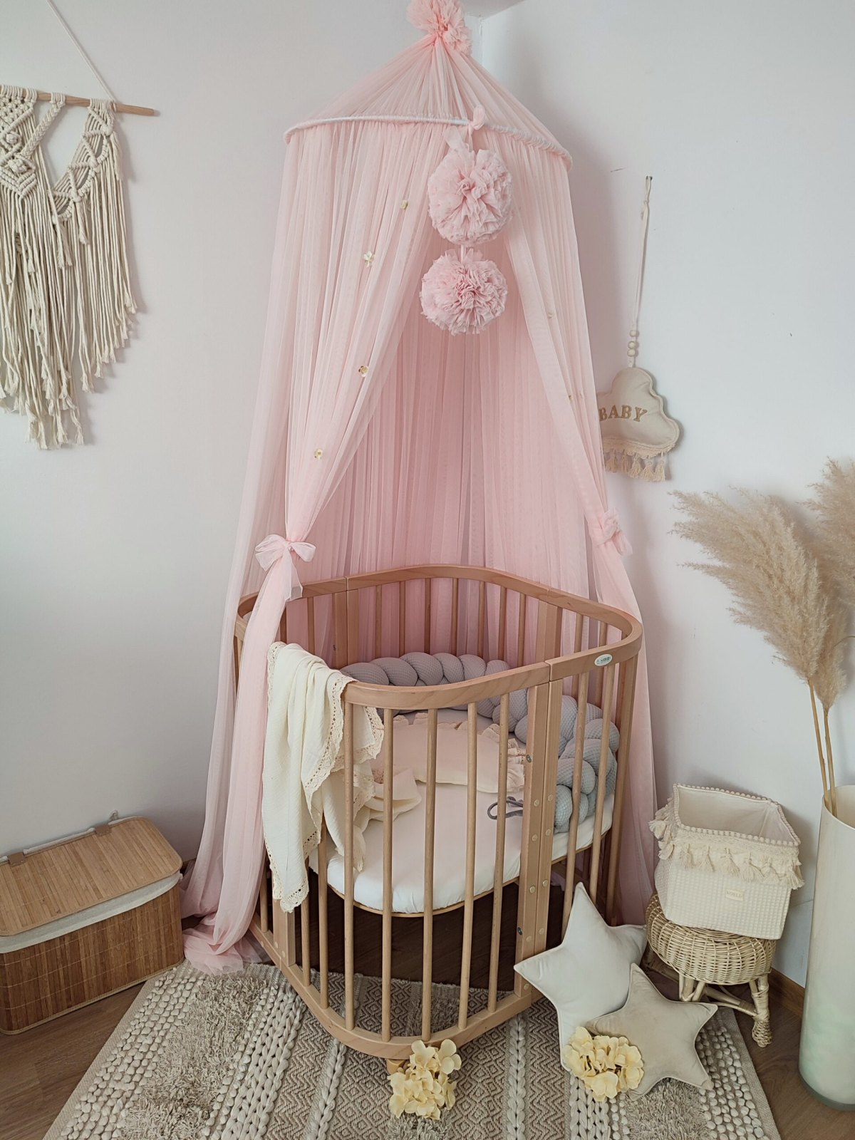 Tulle Canopy with Pompoms – Ceiling Mounted Tulle Canopy with Pompoms – Ceiling Mounted