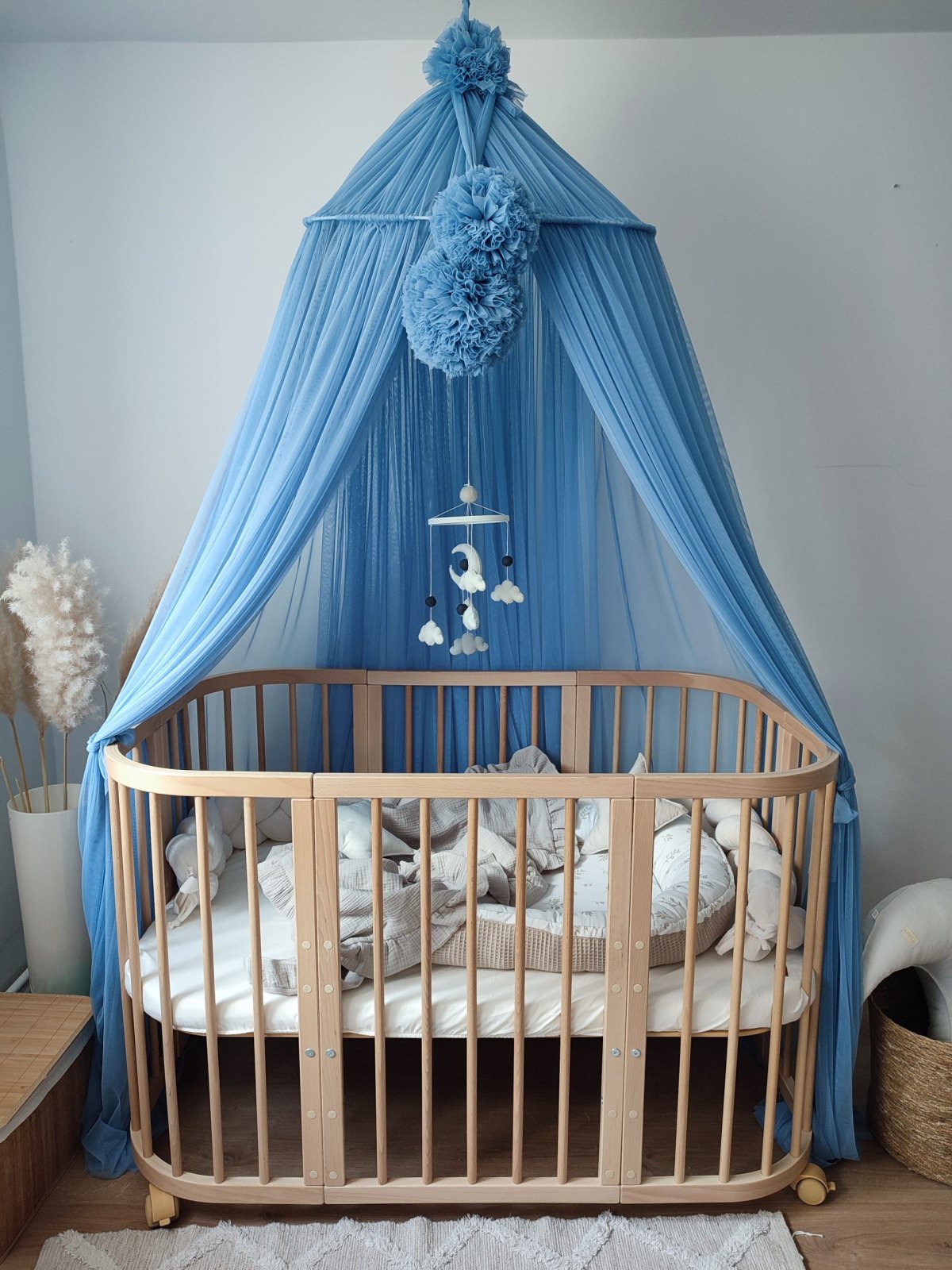 Tulle Canopy with Pompoms – Ceiling Mounted Tulle Canopy with Pompoms – Ceiling Mounted