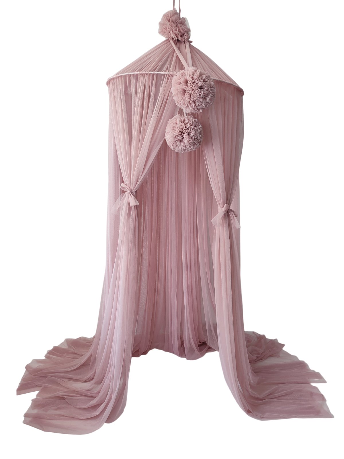Tulle Canopy with Pompoms – Ceiling Mounted – Dusty Pink Tulle Canopy with Pompoms – Ceiling Mounted – Dusty Pink