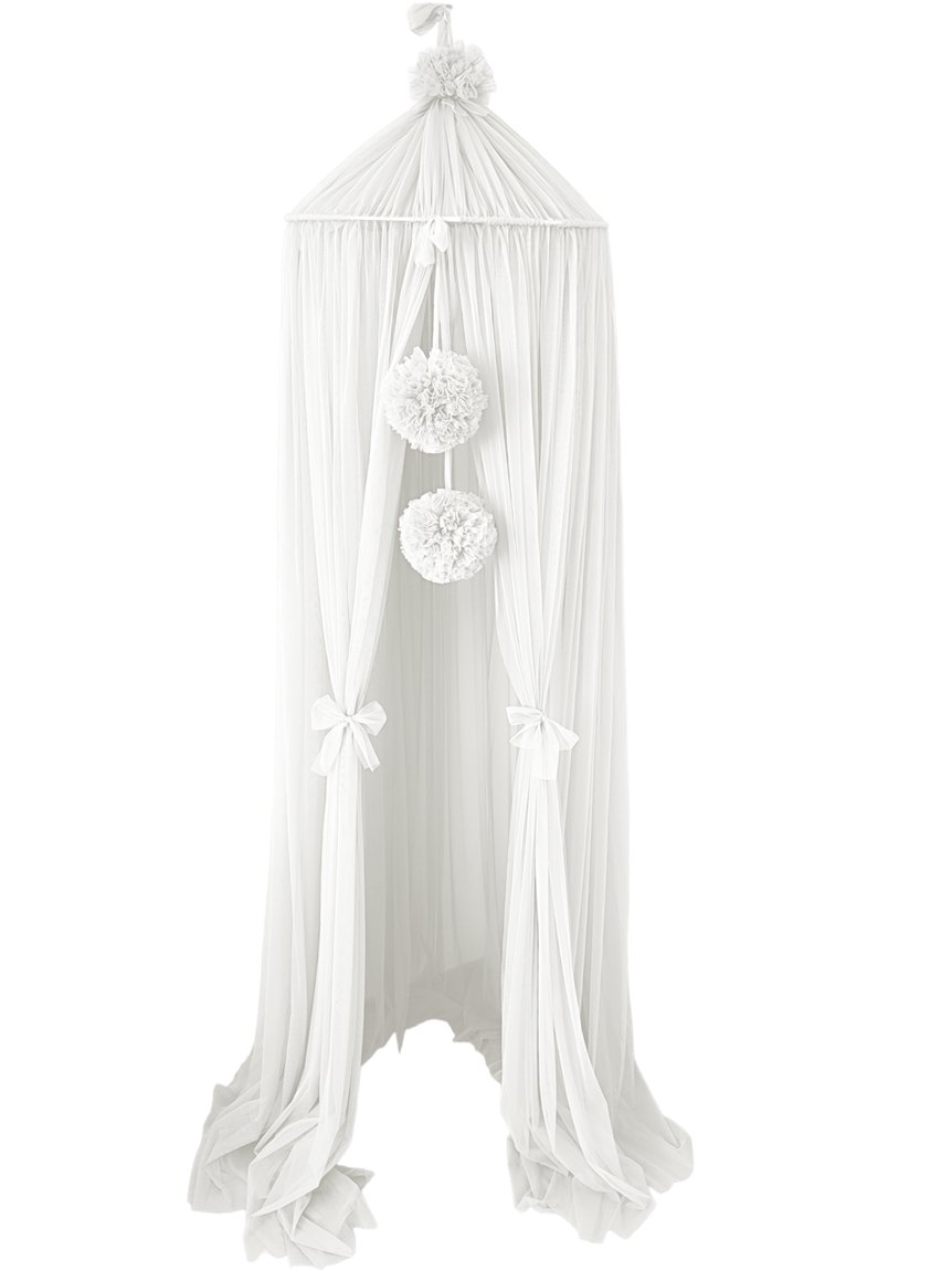Tulle Canopy with Pompoms – Ceiling Mounted – Cream White Tulle Canopy with Pompoms – Ceiling Mounted – Cream White