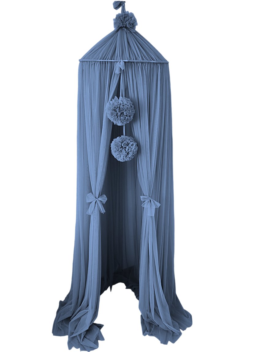 Tulle Canopy with Pompoms – Ceiling Mounted – Denim Blue Tulle Canopy with Pompoms – Ceiling Mounted – Denim Blue