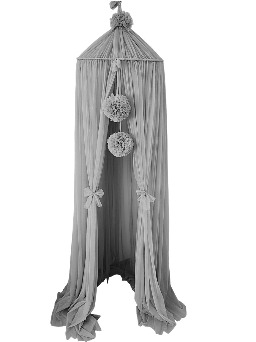 Tulle Canopy with Pompoms – Ceiling Mounted – Steel Grey Tulle Canopy with Pompoms – Ceiling Mounted – Steel Grey