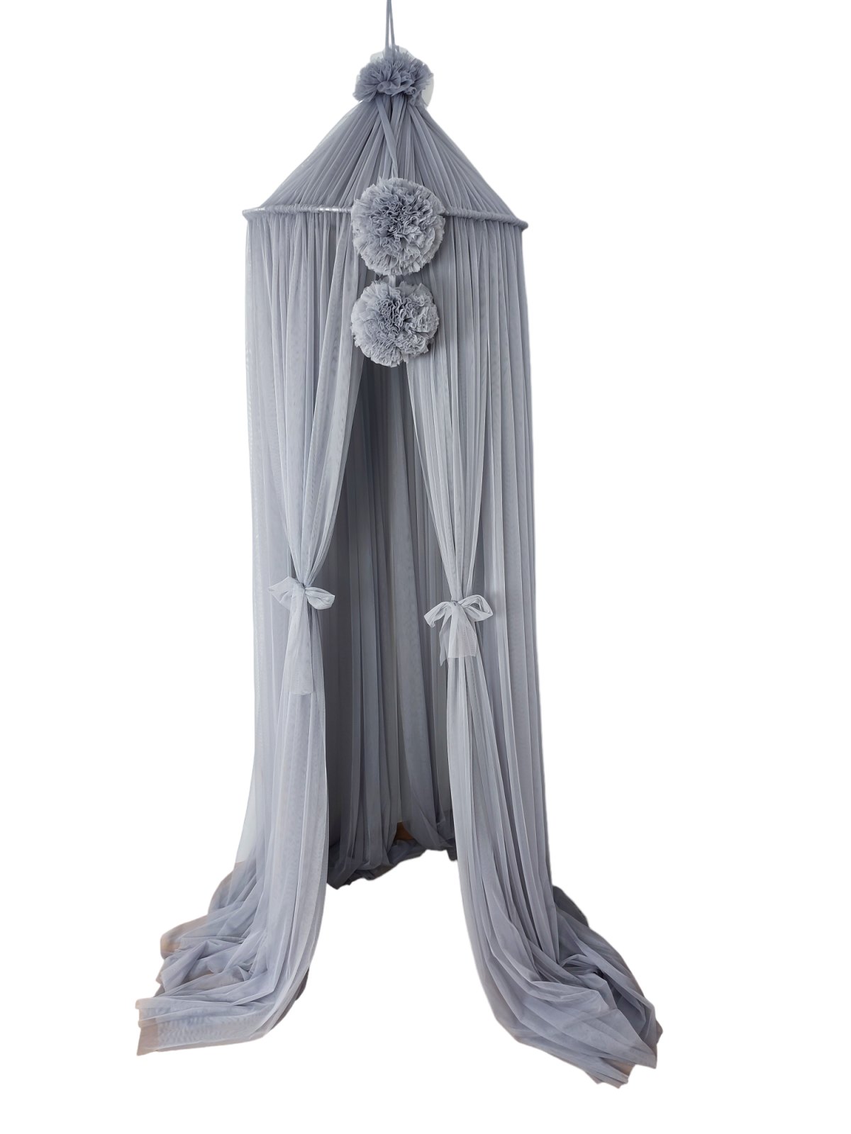 Tulle Canopy with Pompoms – Ceiling Mounted – Dove Blue Tulle Canopy with Pompoms – Ceiling Mounted – Dove Blue