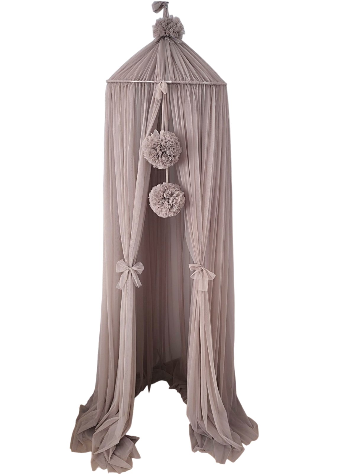 Tulle Canopy with Pompoms – Ceiling Mounted – Taupe Tulle Canopy with Pompoms – Ceiling Mounted – Taupe