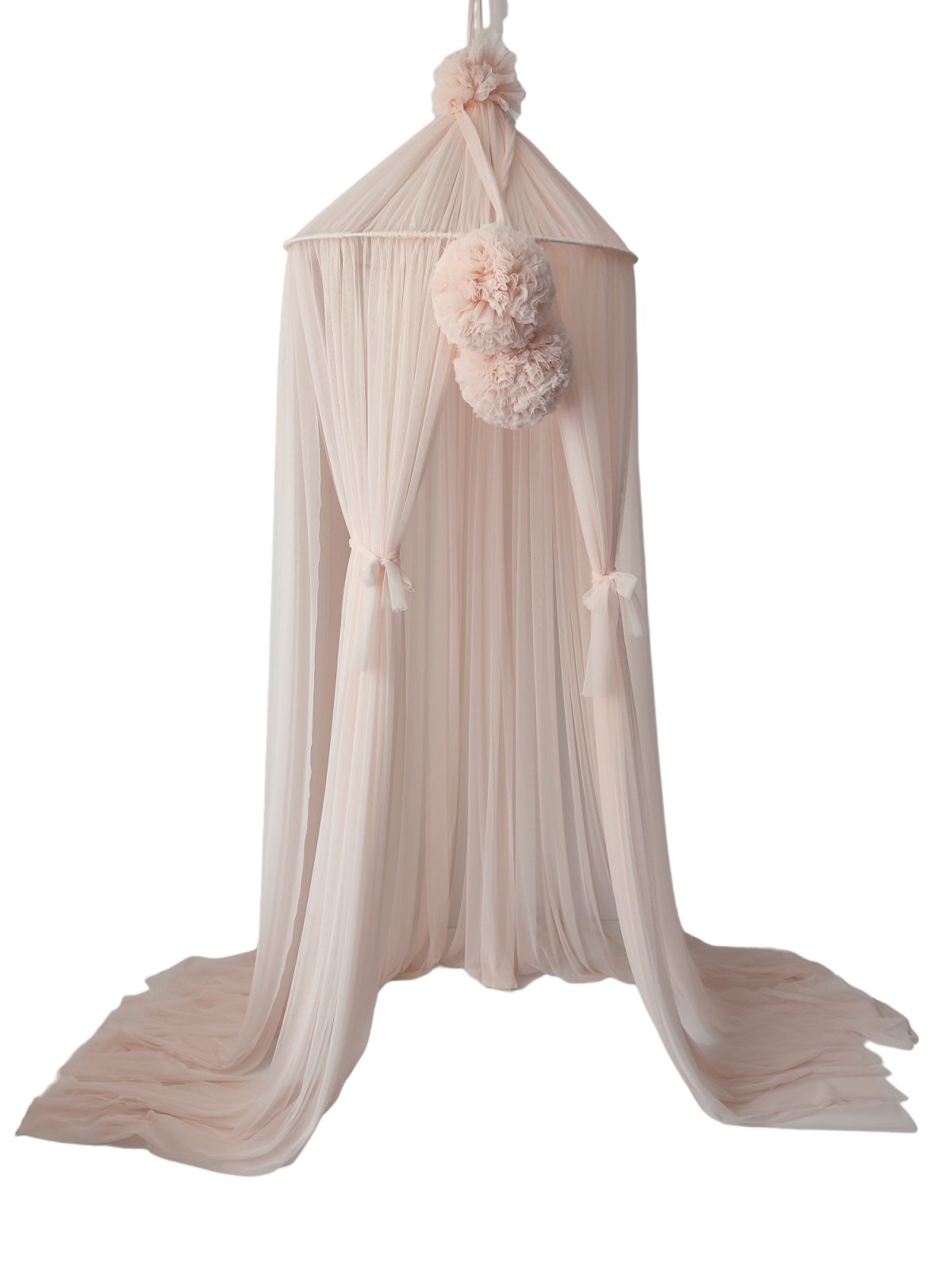 Tulle Canopy with Pompoms – Ceiling Mounted – Tea Rose Tulle Canopy with Pompoms – Ceiling Mounted – Tea Rose
