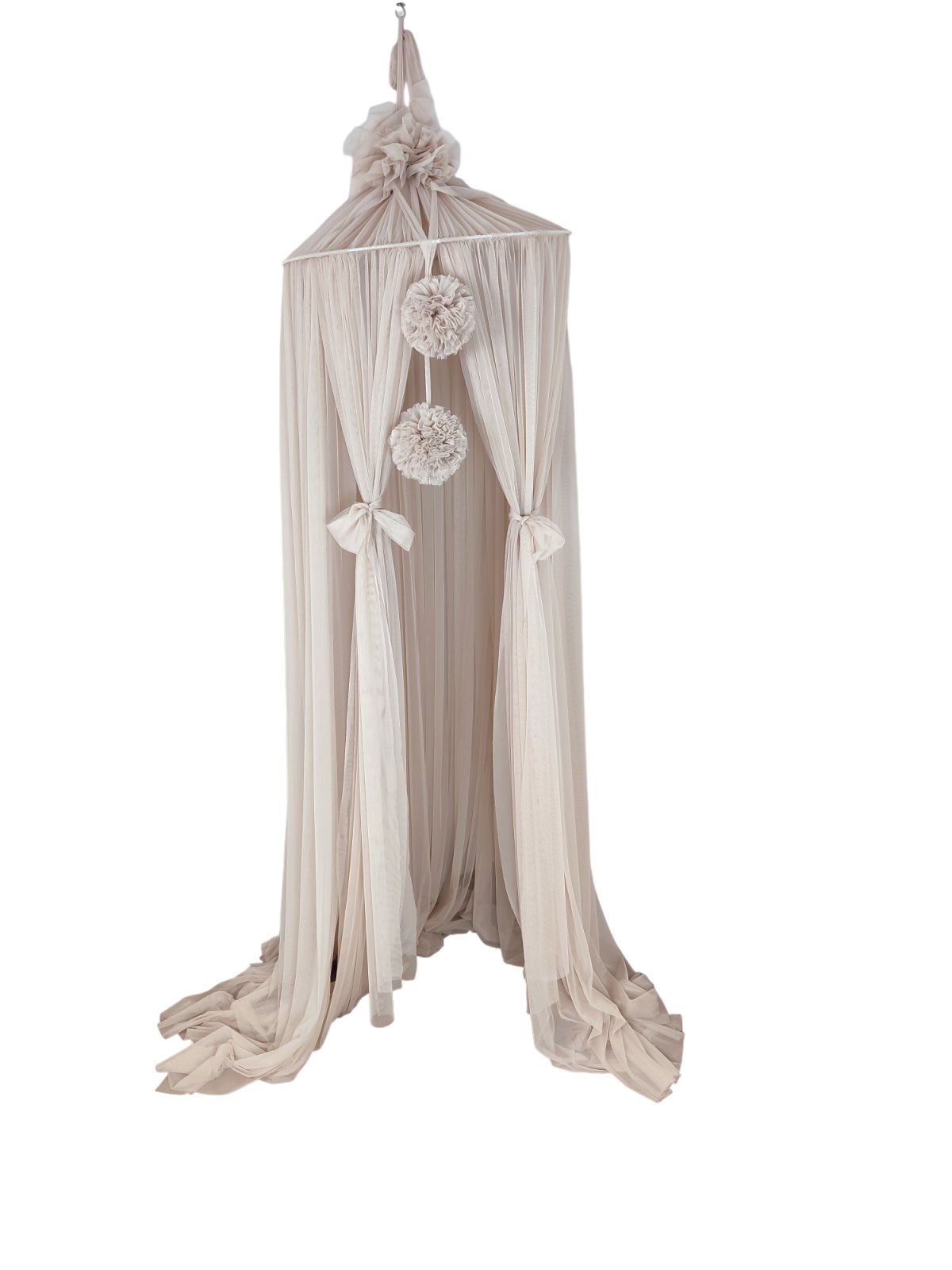Tulle Canopy with Pompoms – Ceiling Mounted – Warm Beige Tulle Canopy with Pompoms – Ceiling Mounted – Warm Beige