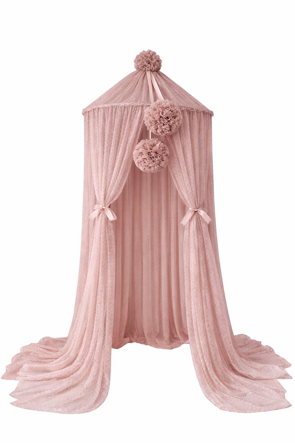 Wave Tulle Canopy with Pompoms – Ceiling Mounted – Dusty Pink