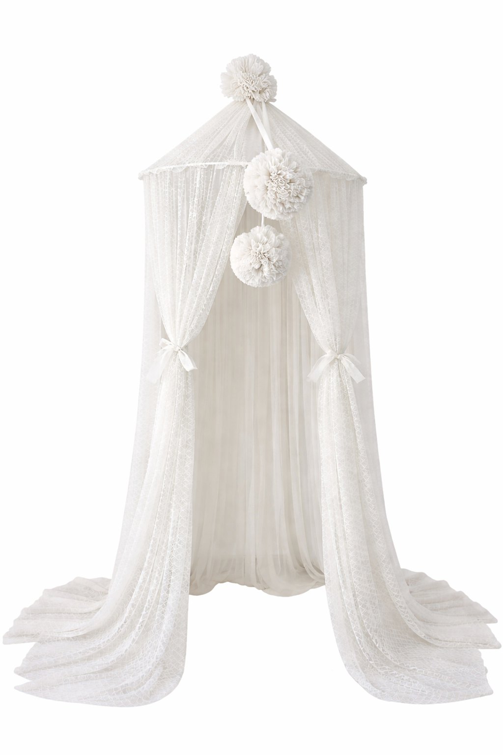 Wave Tulle Canopy with Pompoms – Ceiling Mounted – Ecru