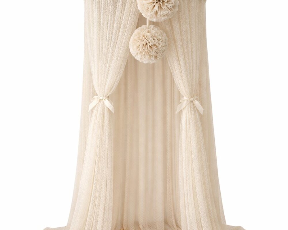 Wave Tulle Canopy with Pompoms – Ceiling Mounted – Warm Beige