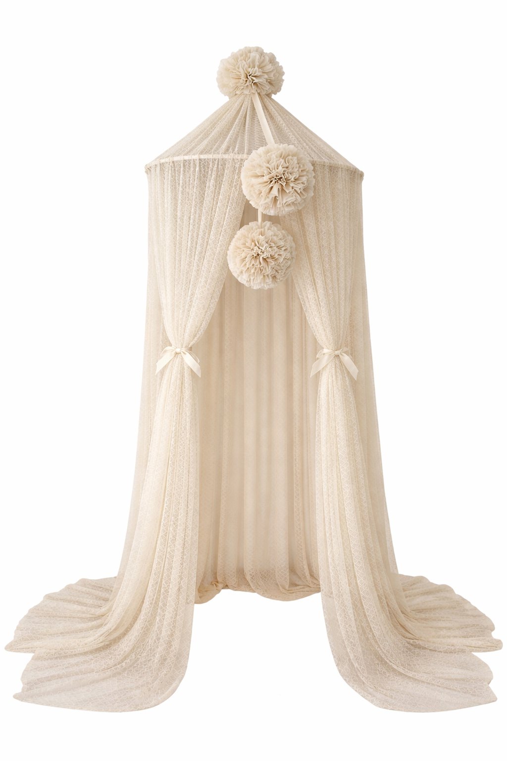 Wave Tulle Canopy with Pompoms – Ceiling Mounted – Warm Beige