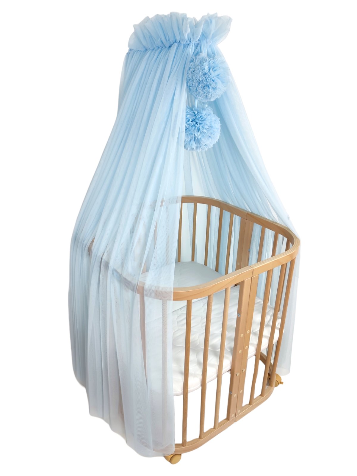 Tulle Bed Canopy with Pompoms and Frame – Baby Blue Tulle Bed Canopy with Pompoms and Frame – Baby Blue