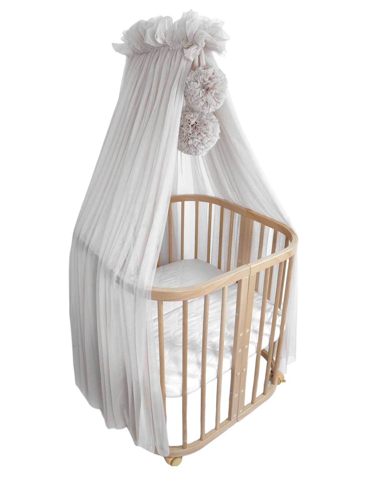 Tulle Bed Canopy with Pompoms and Frame – Beige Tulle Bed Canopy with Pompoms and Frame – Beige
