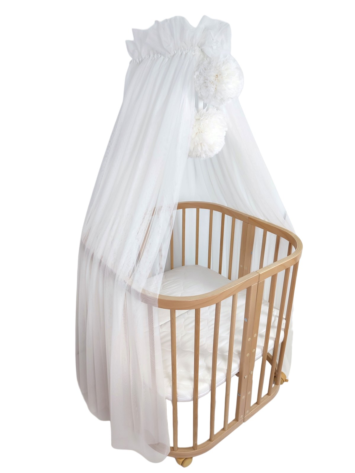 Tulle Bed Canopy with Pompoms and Frame – Cream White Tulle Bed Canopy with Pompoms and Frame – Cream White