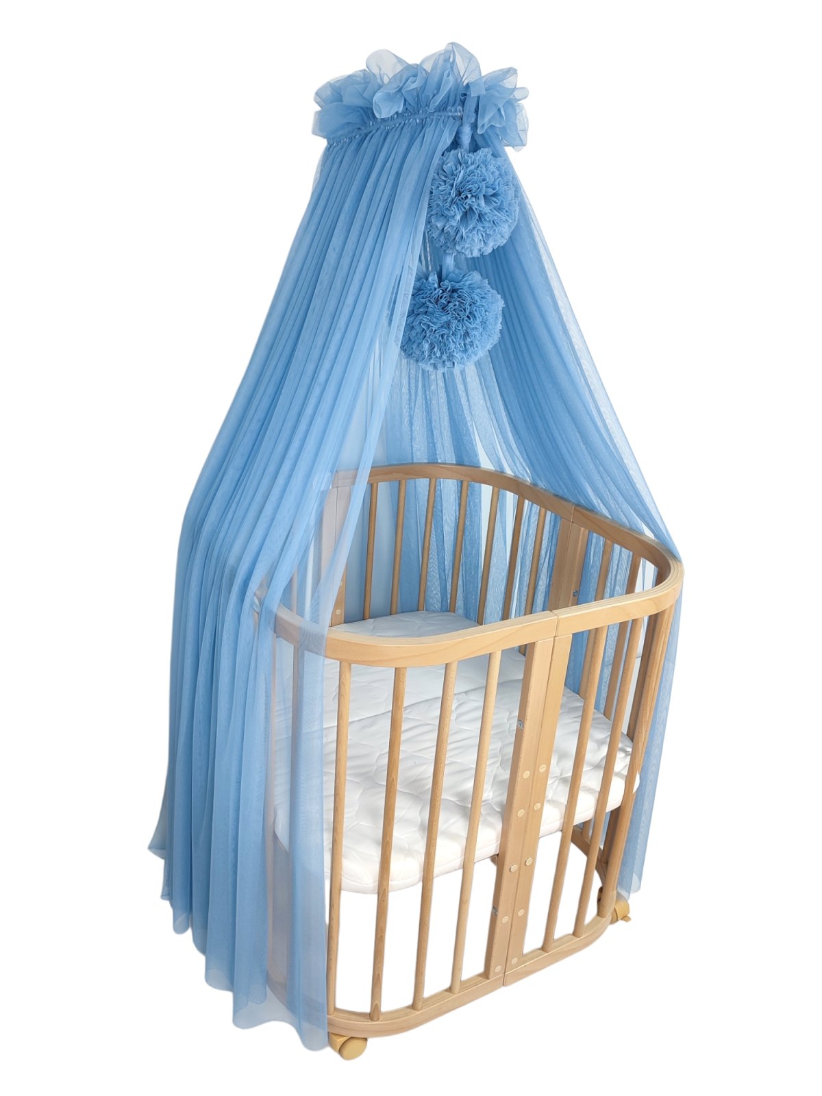 Tulle Bed Canopy with Pompoms and Frame – Denim Blue Tulle Bed Canopy with Pompoms and Frame – Denim Blue