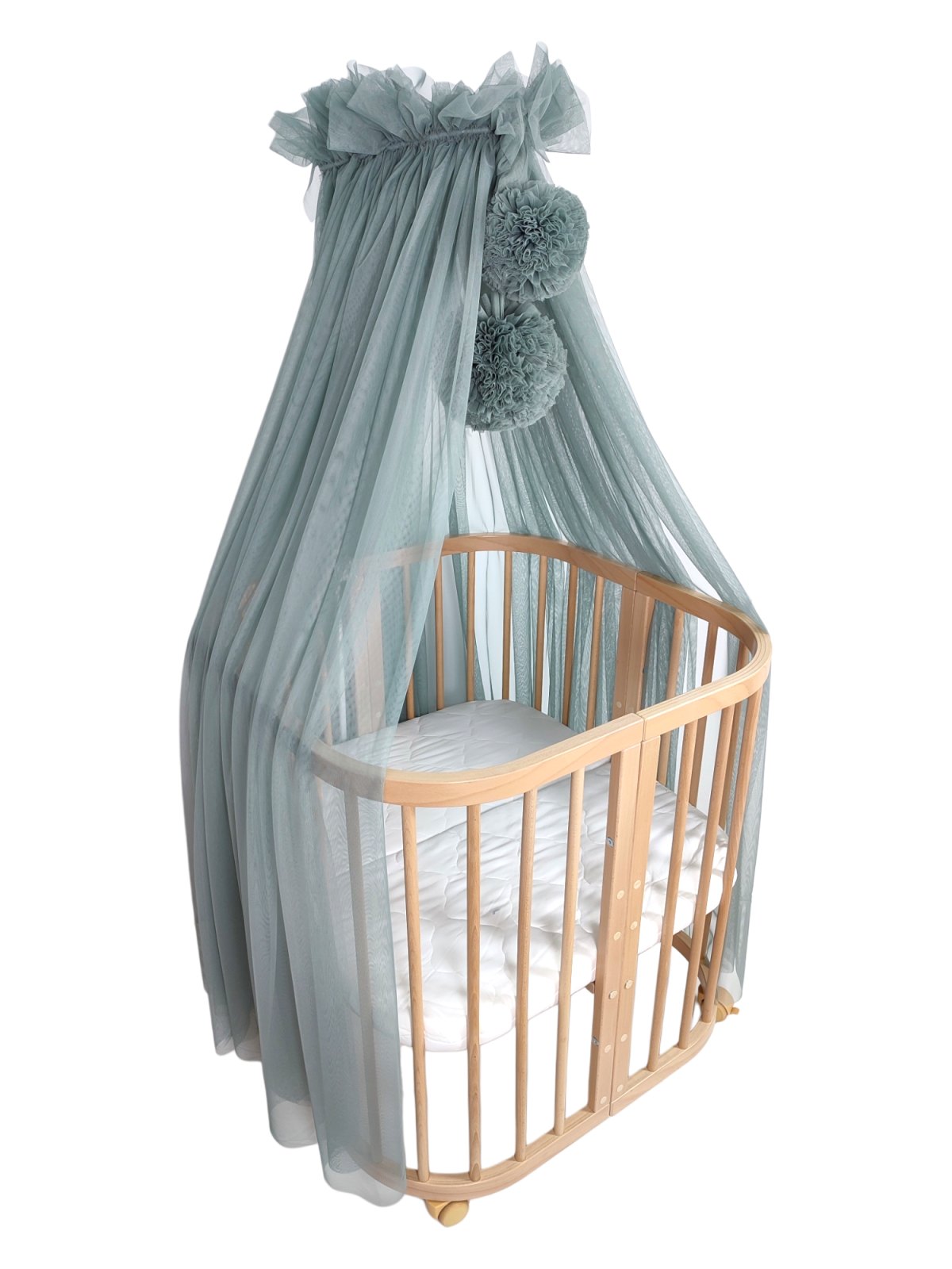 Tulle Bed Canopy with Pompoms and Frame – Khaki Tulle Bed Canopy with Pompoms and Frame – Khaki