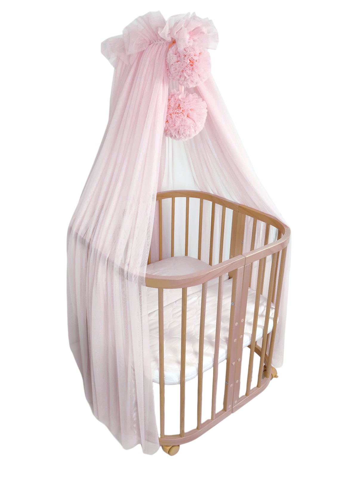 Tulle Bed Canopy with Pompoms and Frame – Powder Pink Tulle Bed Canopy with Pompoms and Frame – Powder Pink