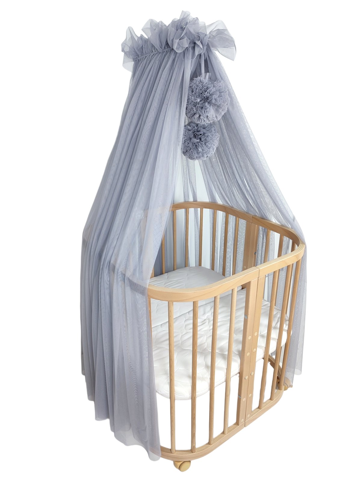 Tulle Bed Canopy with Pompoms and Frame – Dove Blue Tulle Bed Canopy with Pompoms and Frame – Dove Blue