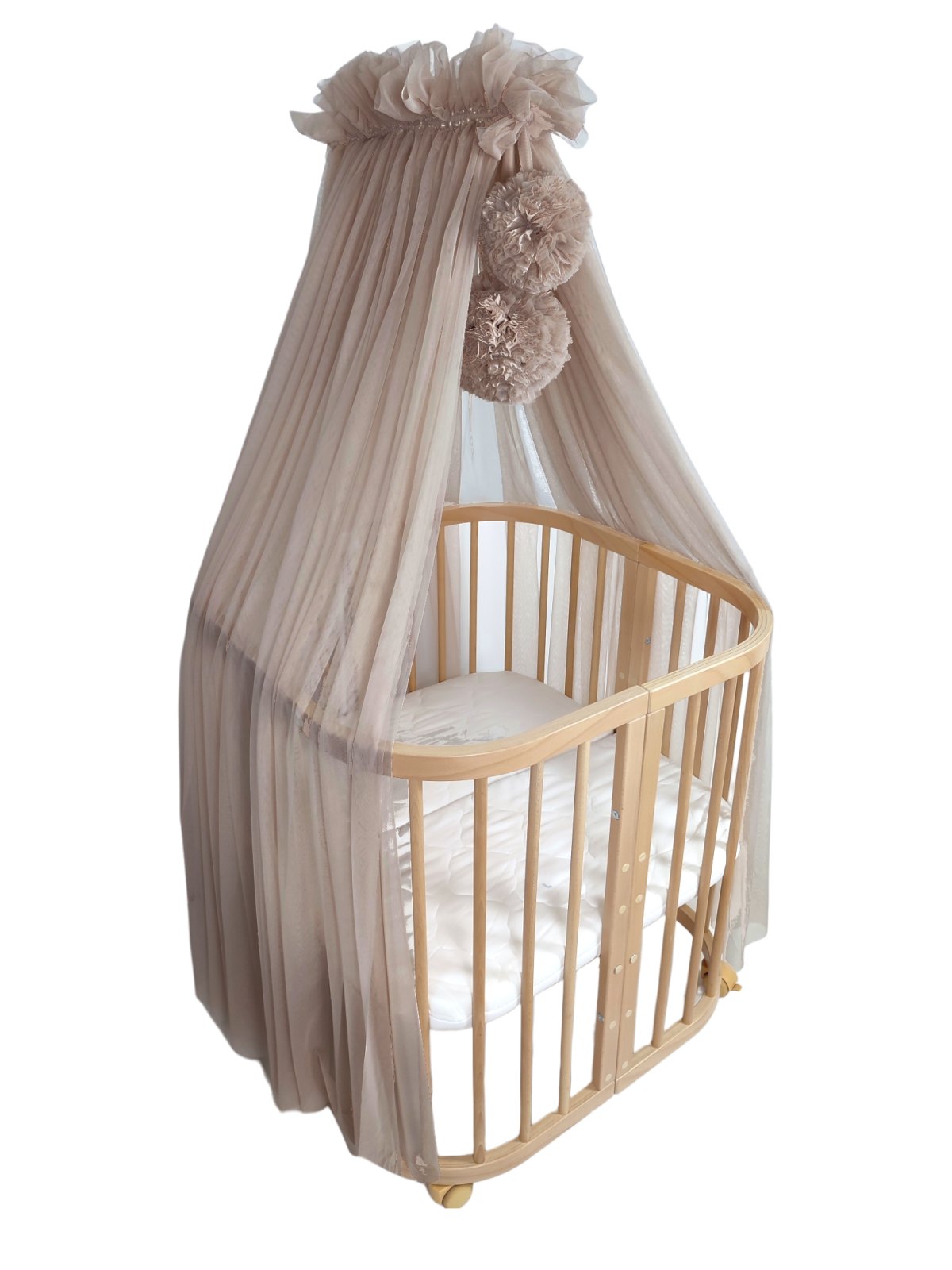 Tulle Bed Canopy with Pompoms and Frame – Taupe Tulle Bed Canopy with Pompoms and Frame – Taupe