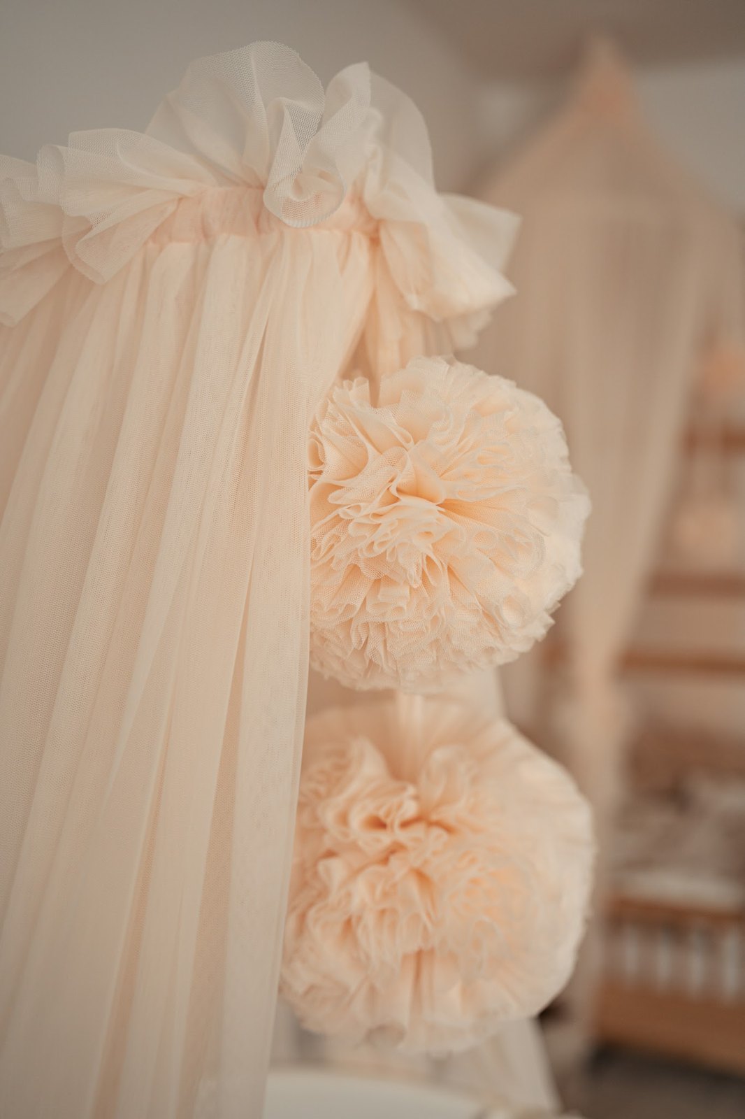 Tulle Bed Canopy with Pompoms and Frame – Tea Rose Tulle Bed Canopy with Pompoms and Frame – Tea Rose