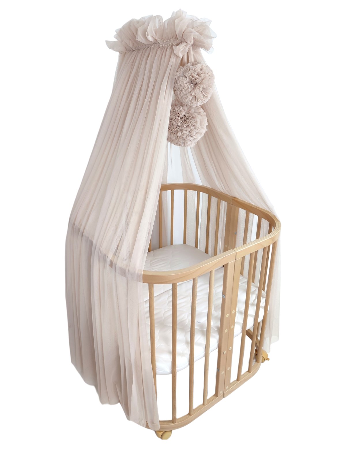 Tulle Bed Canopy with Pompoms and Frame – Warm Beige Tulle Bed Canopy with Pompoms and Frame – Warm Beige