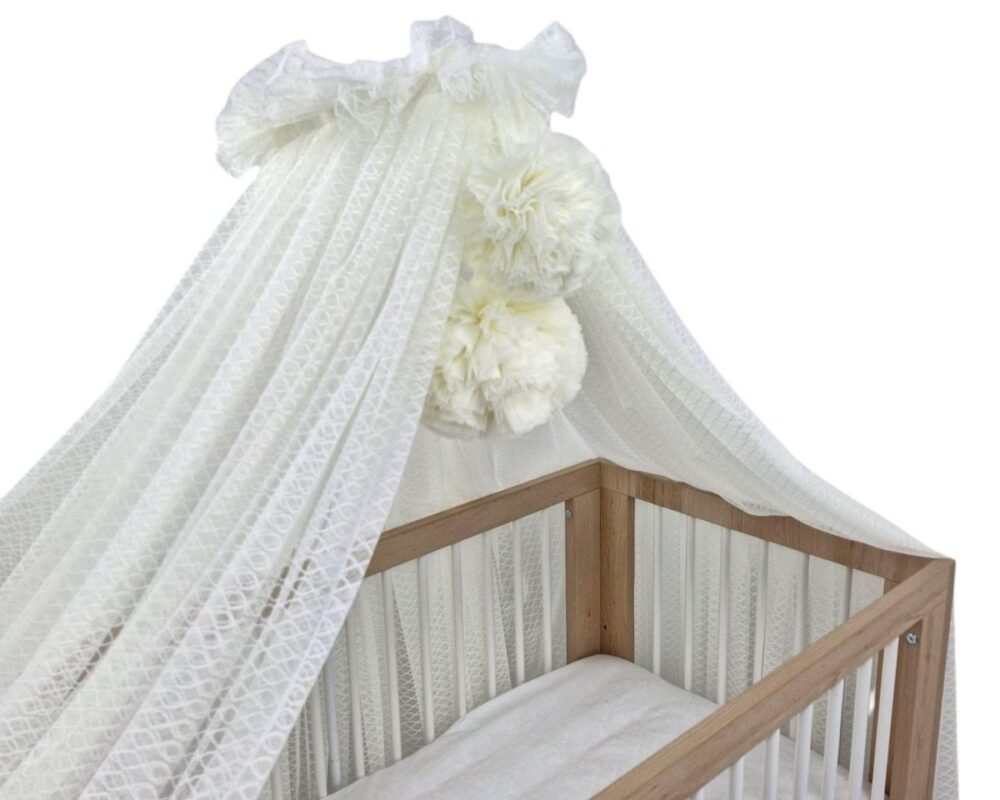 Wave Tulle Bed Canopy with Pompoms and Frame – Ecru Wave Tulle Bed Canopy with Pompoms and Frame – Ecru