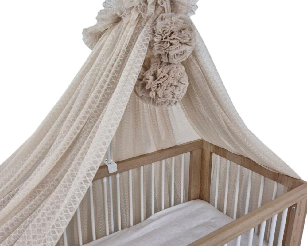 Wave Tulle Bed Canopy with Pompoms and Frame – Warm Beige