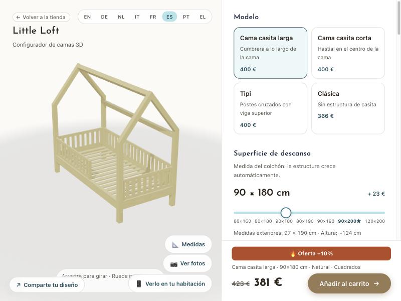 Configurador de camas 3D de Little Loft con una cama casita