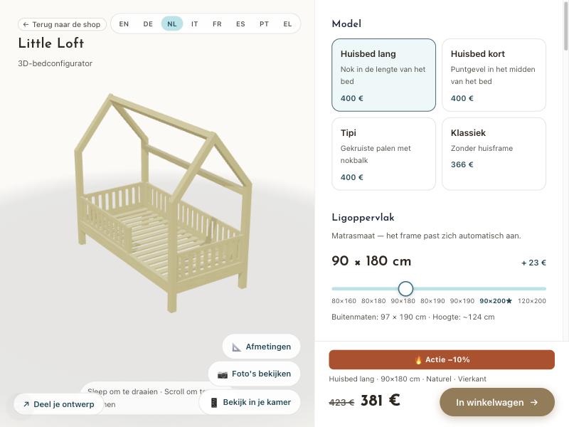 3D-bedconfigurator van Little Loft met een huisbed