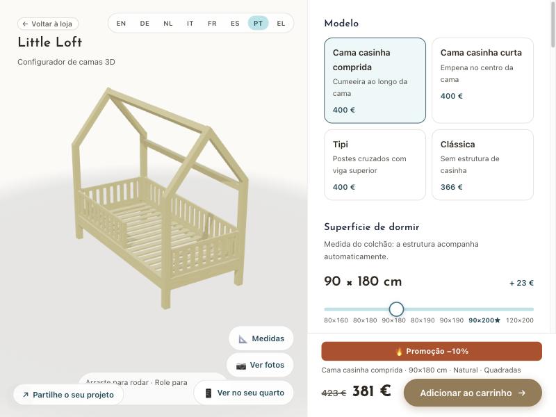 Configurador de camas 3D da Little Loft com uma cama casinha