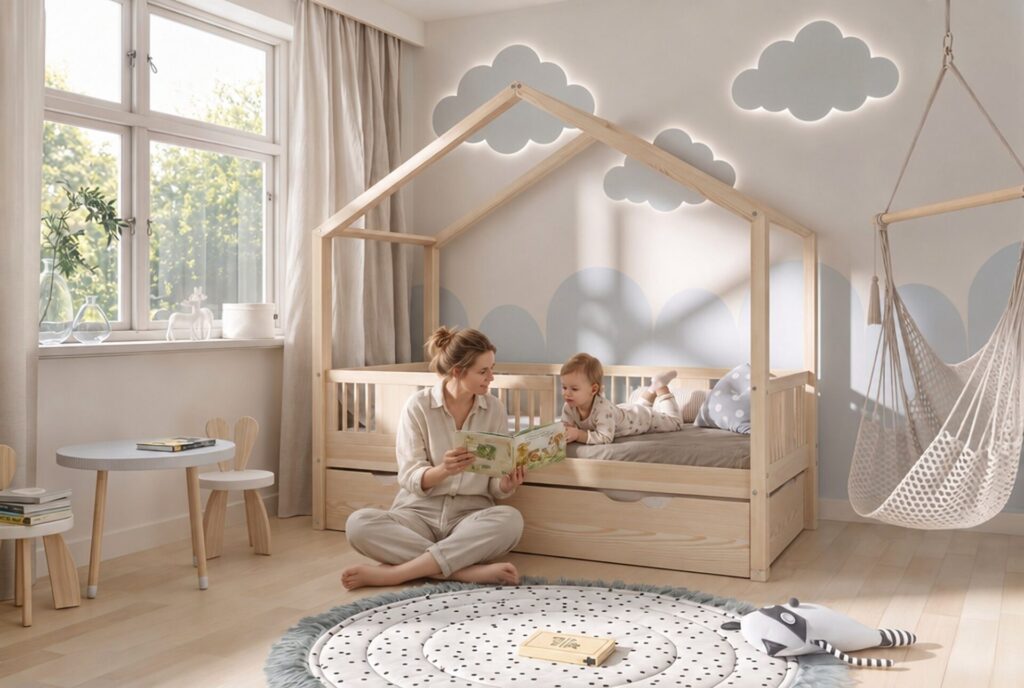 ASTRIA Children’s Bed with Drawer with parent and child