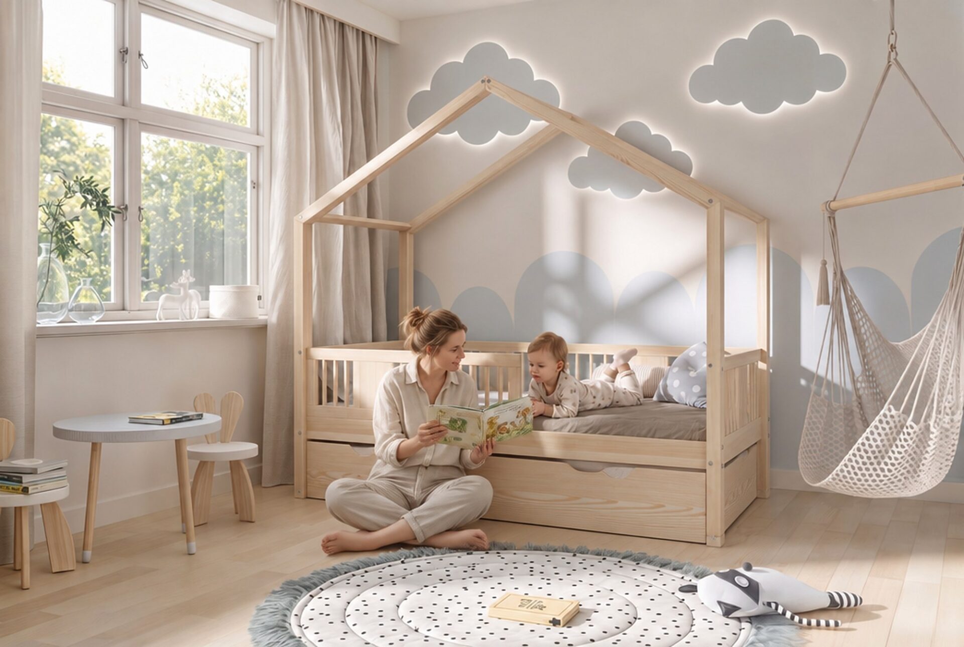 ASTRIA Children’s Bed with Drawer – story time together ASTRIA Children’s Bed with Drawer with parent and child