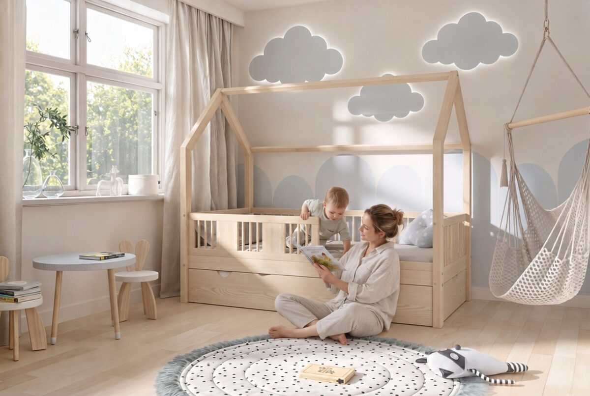 LUMINA Children’s Bed with Drawer – story time together LUMINA Children’s Bed with Drawer with parent and child