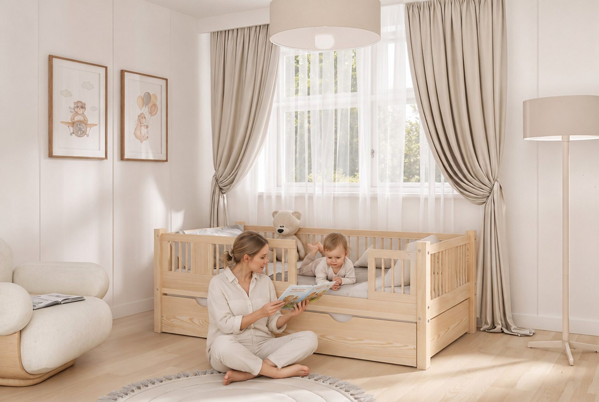 LUNA Children’s Bed with Drawer with parent and child