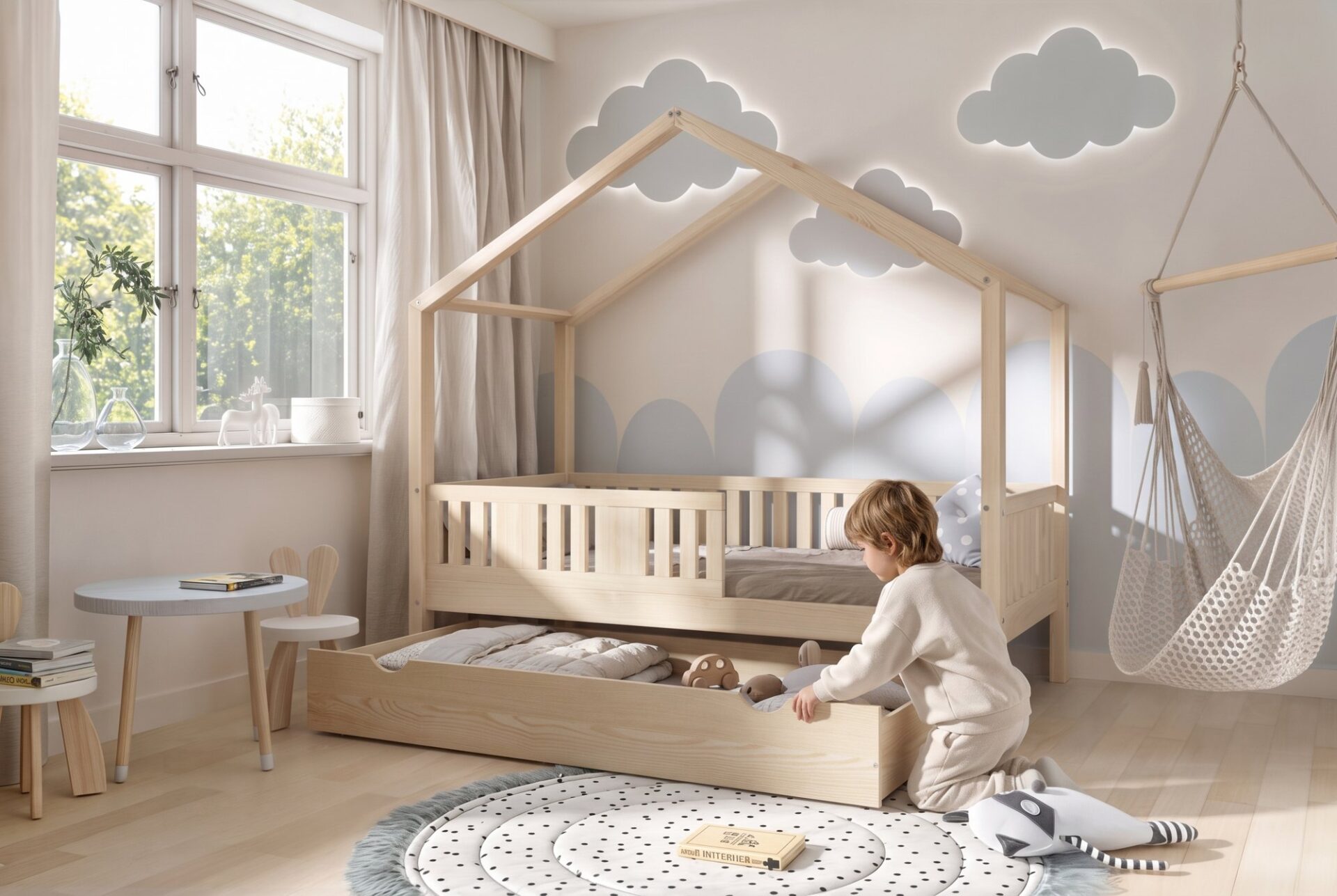 Letto per bambini LUNETTA con cassetto – nella vita di tutti i giorni
