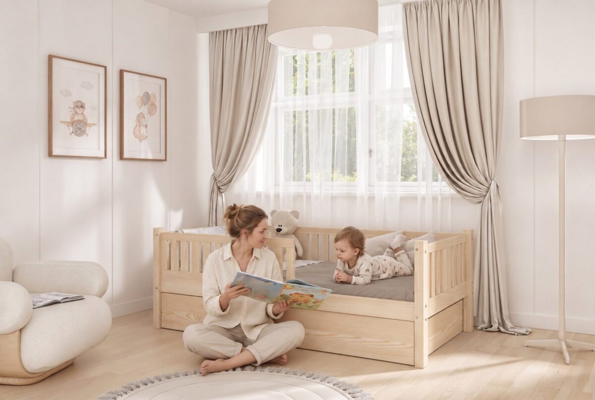 NIKO Children’s Bed with Drawer – story time together NIKO Children’s Bed with Drawer with parent and child