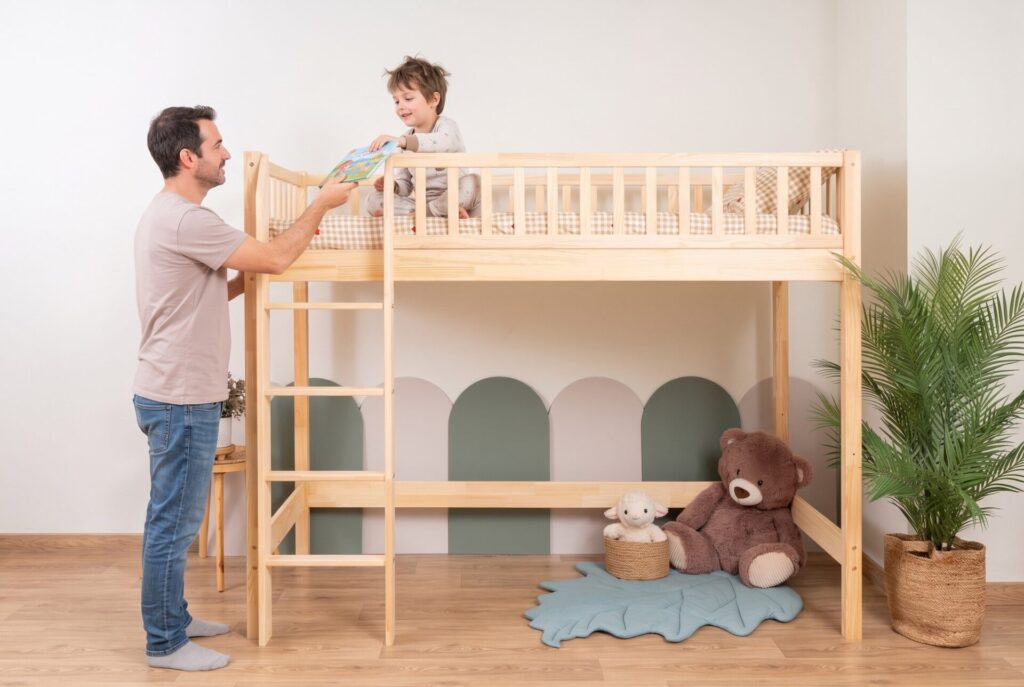 KOSMO Loft Bed in pine wood in a children's room