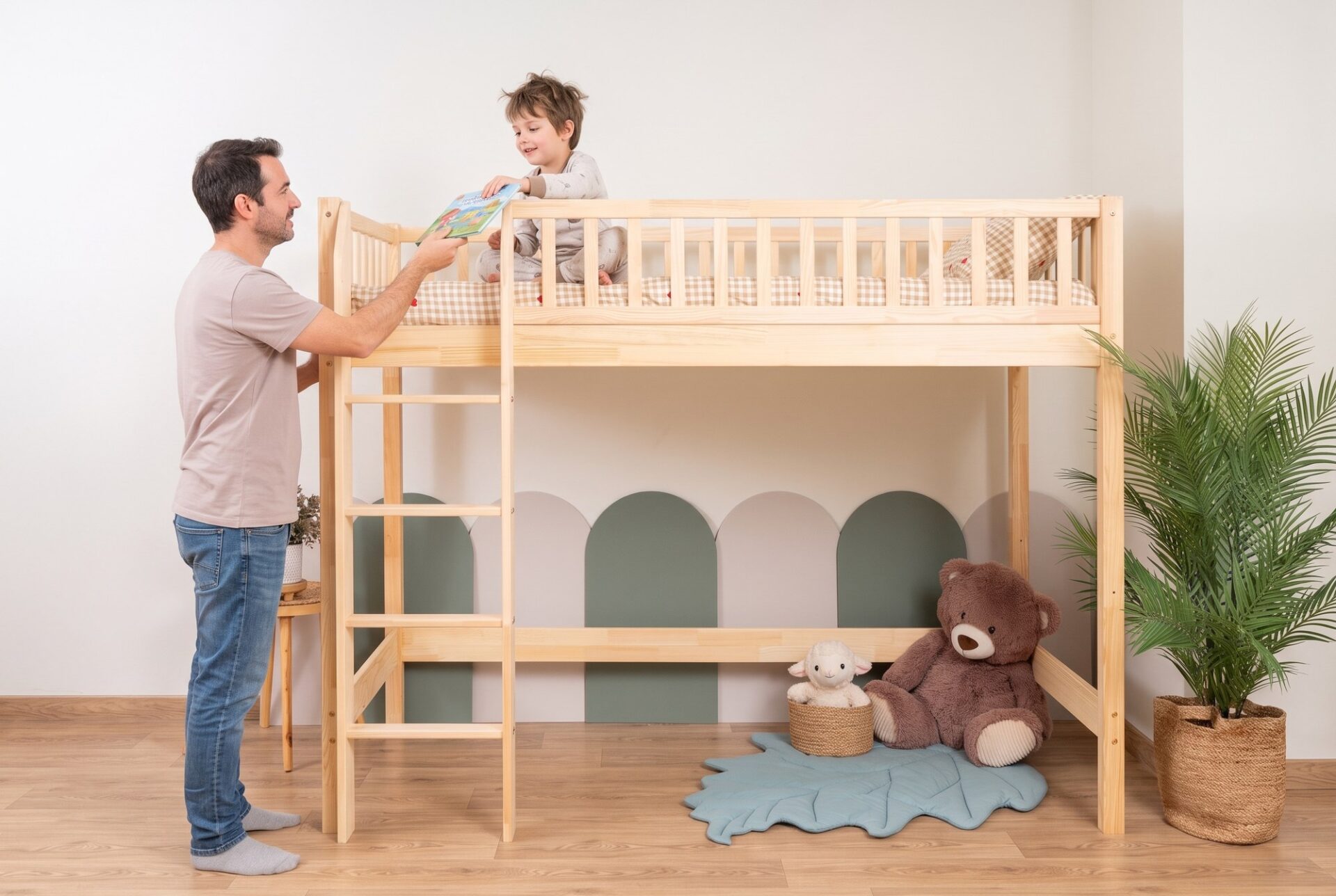 KOSMO Loft Bed in pine wood in a children's room