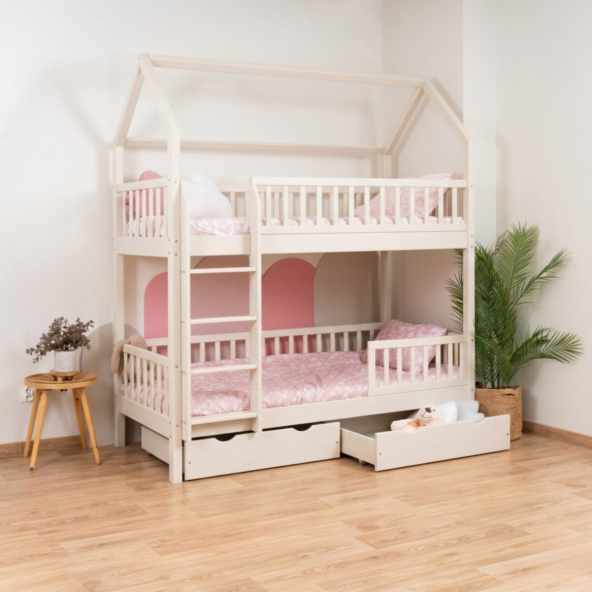 KOSMO Long Bunk Bed in pine wood, cashmere, with lower guard rail