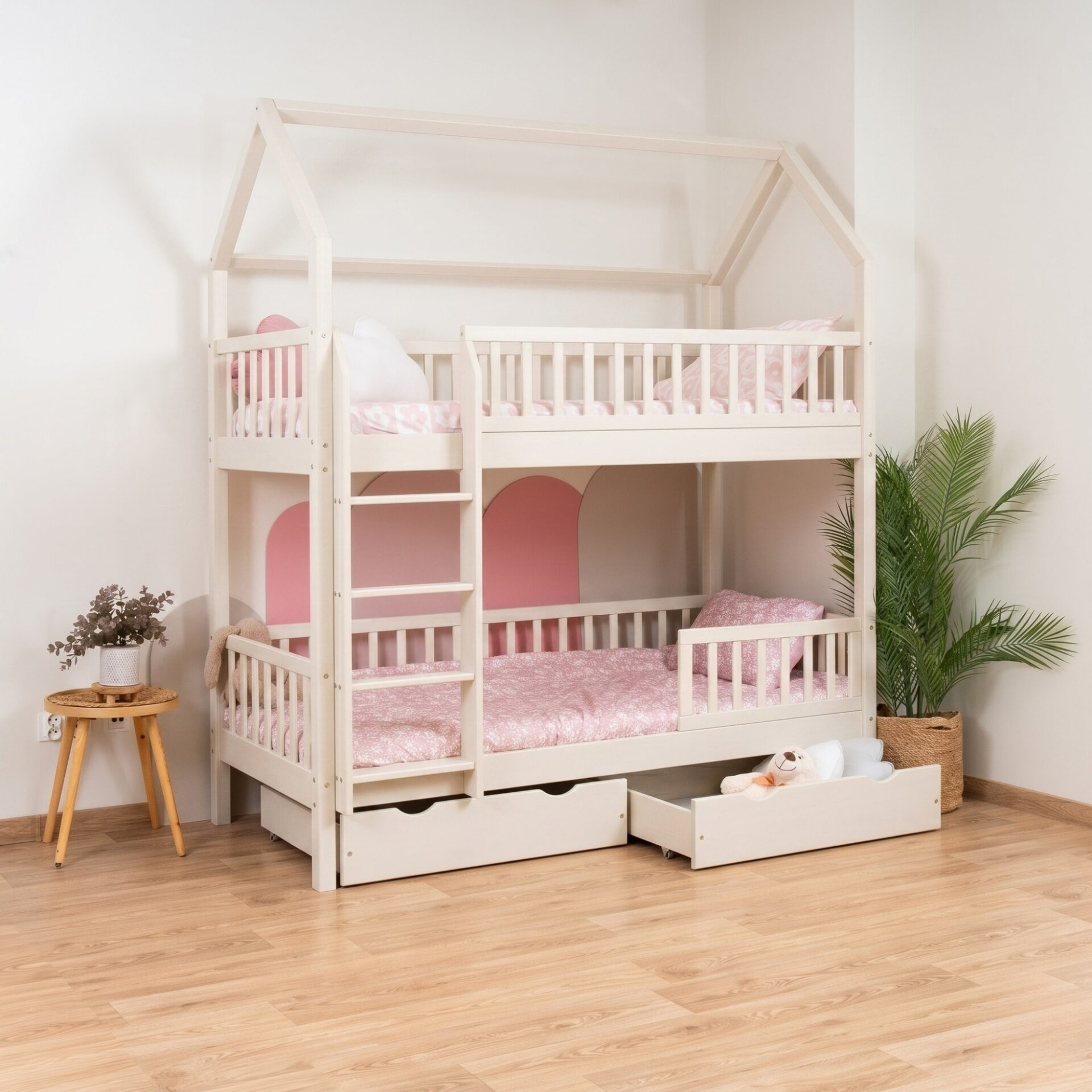 KOSMO Long Bunk Bed in pine wood, cashmere, with lower guard rail