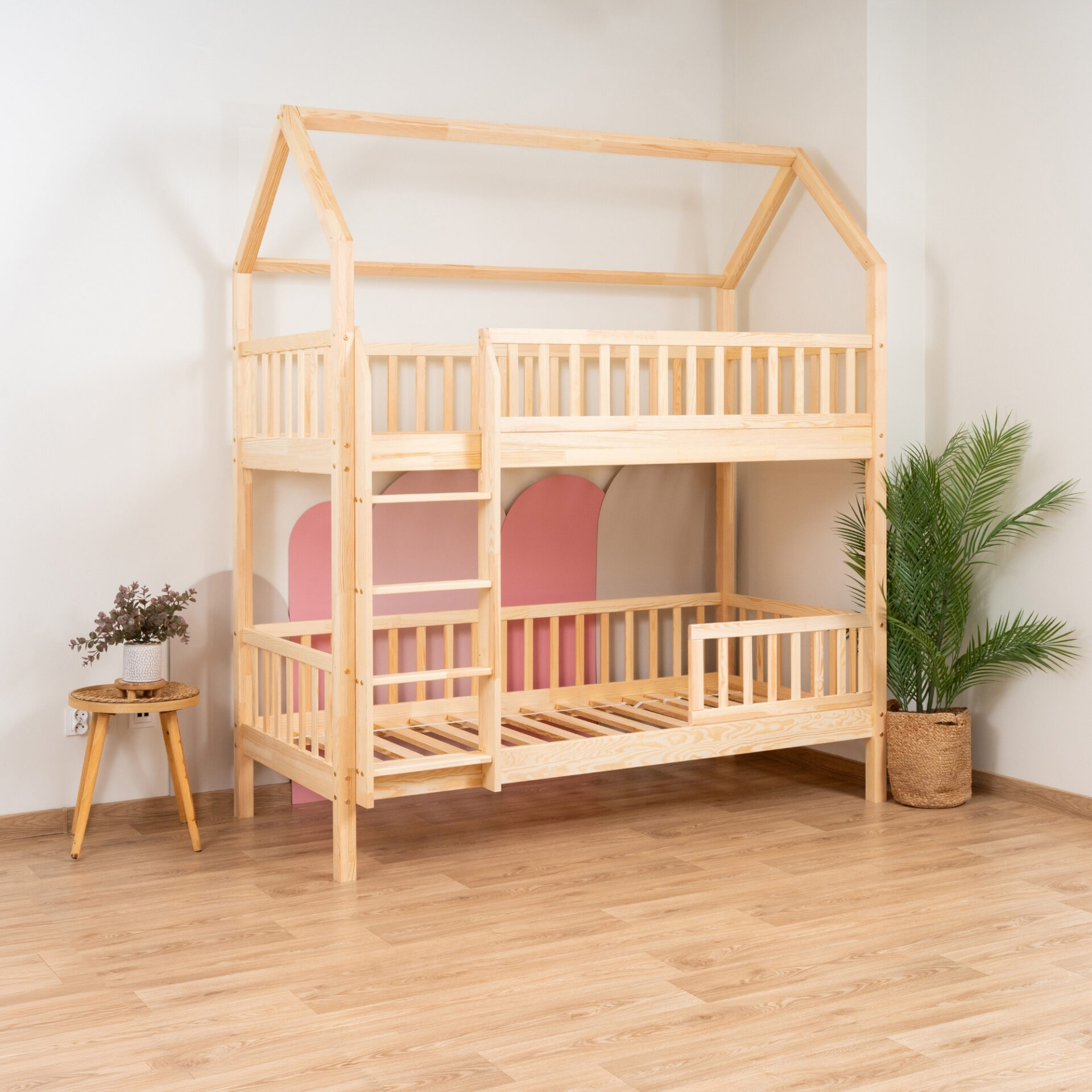 KOSMO Long Bunk Bed in pine wood, natural pine, with lower guard rail