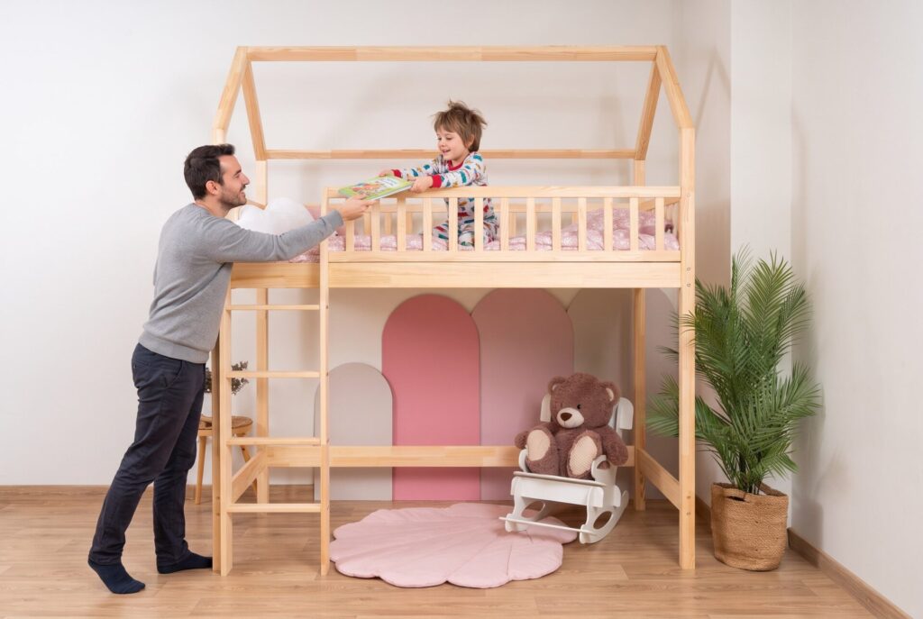 KOSMO Long Loft Bed in pine wood in a children's room