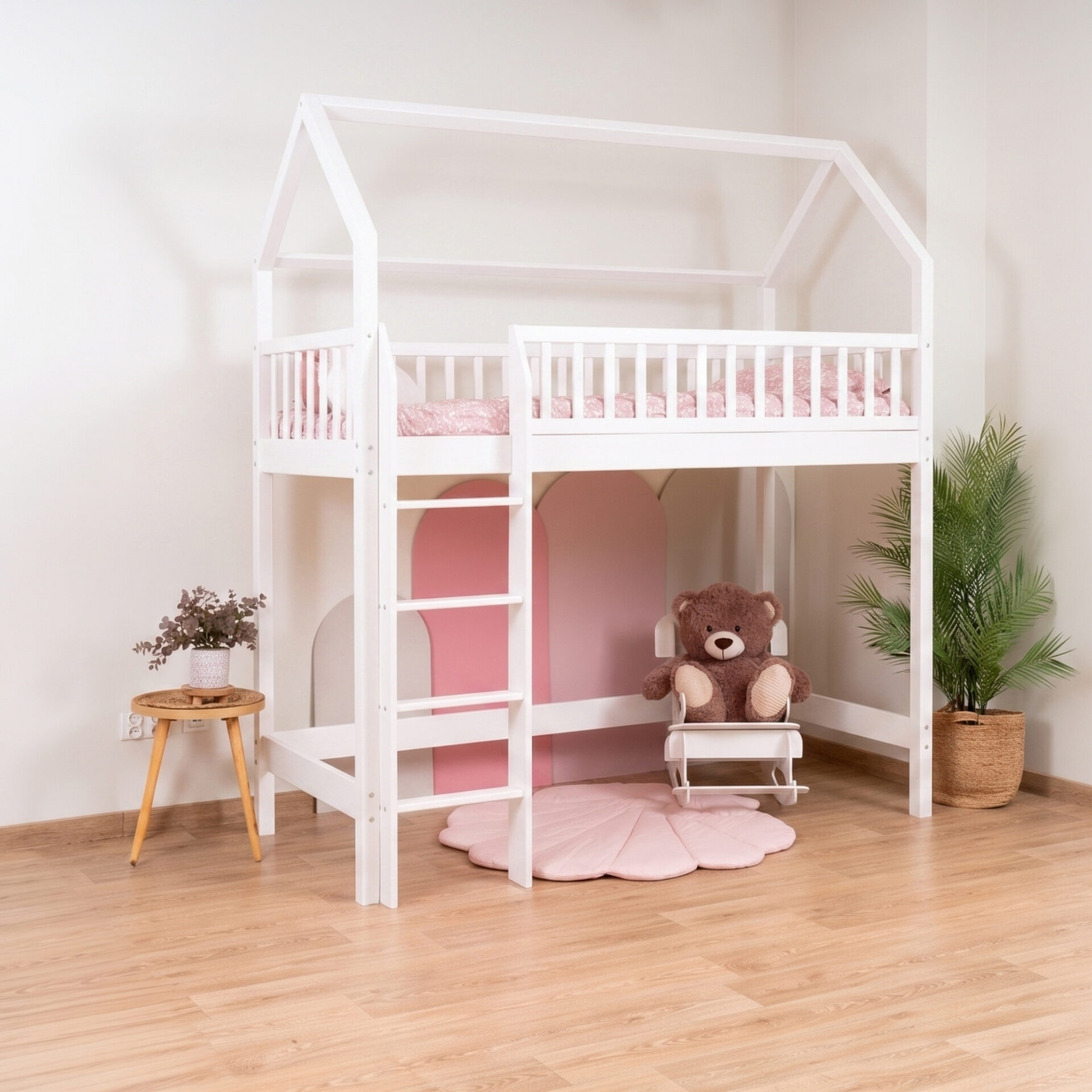 KOSMO Long Loft Bed – white (1) KOSMO Long Loft Bed in pine wood, white