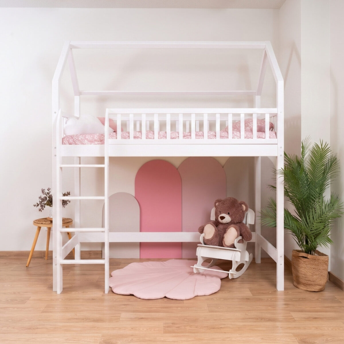 KOSMO Long Loft Bed – white (3) KOSMO Long Loft Bed in pine wood, white