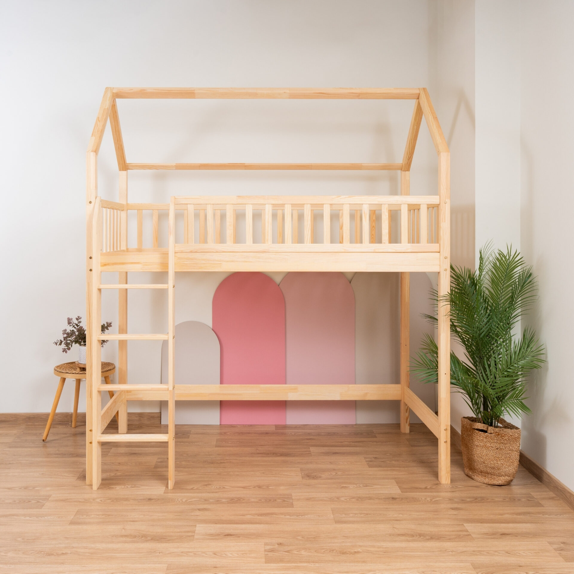 KOSMO Long Loft Bed – natural pine (1) KOSMO Long Loft Bed in pine wood, natural pine