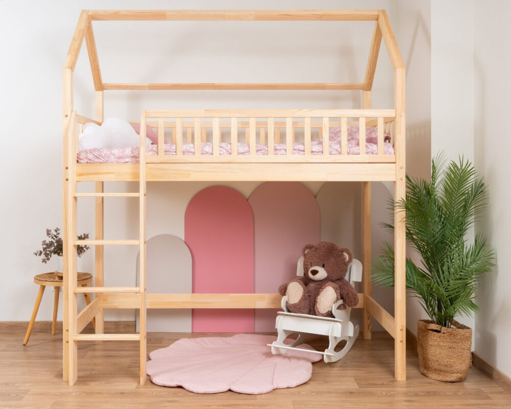 KOSMO Long Loft Bed – natural pine (2) KOSMO Long Loft Bed in pine wood, natural pine
